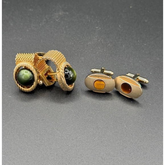 The Unbranded Brand Other - Vintage Gold Tone Cufflinks Lot – Tiger's Eye & Green Cabochon Mid Century Style